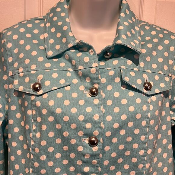 💥Host Pick 💥 Christopher & Banks Polka Dot Denim Jacket Size Medium Petite - Picture 2 of 13